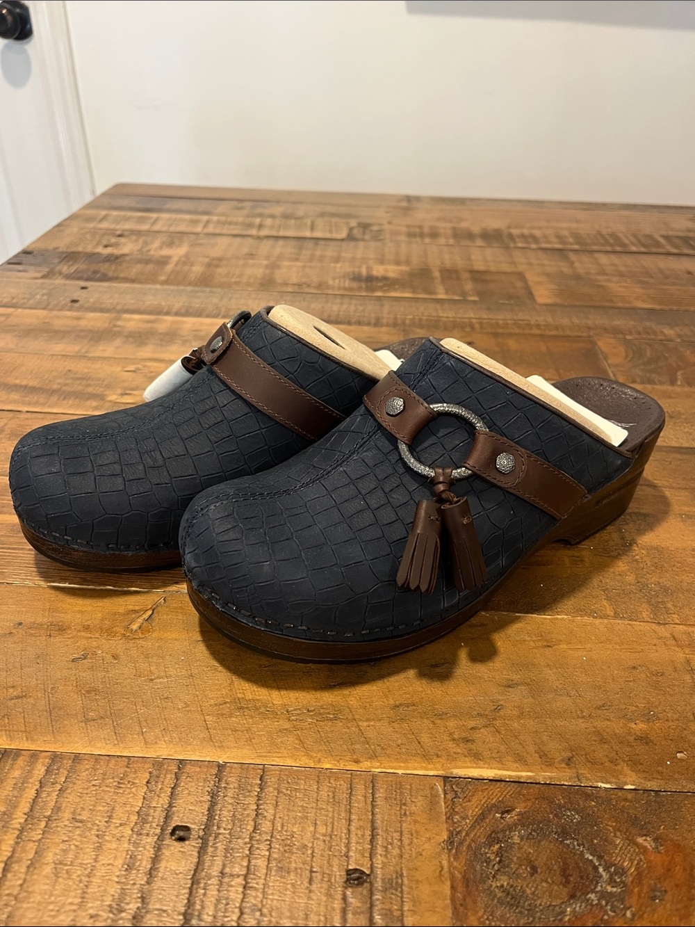 Dansko Navy Croc-Textured Slip-On Mules with Brown Strap - Picture 2 of 4